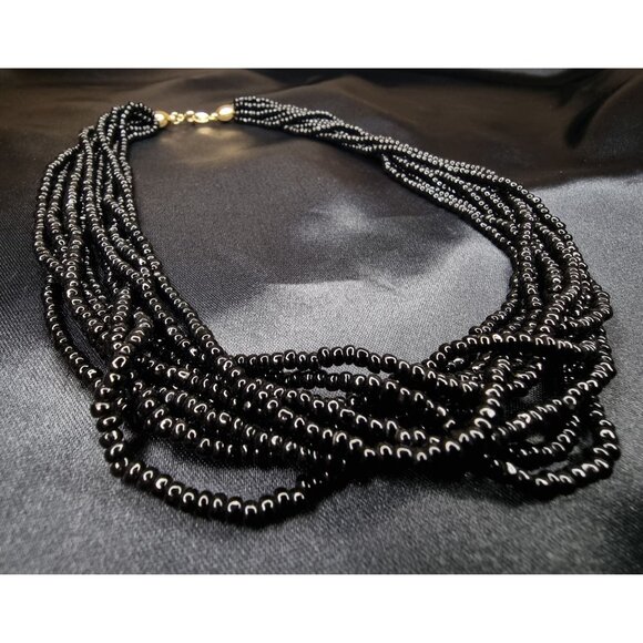 Vintage 1970s Trifari Necklace Multi Strand Black Bead Choker - Picture 4 of 5